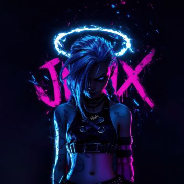 Jinx (Arcane), Neon art, Dark background, 5K, League of Legends