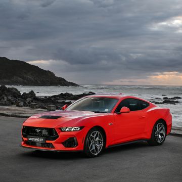 Ford Mustang GT, Beach, 2024, Red cars, 5K