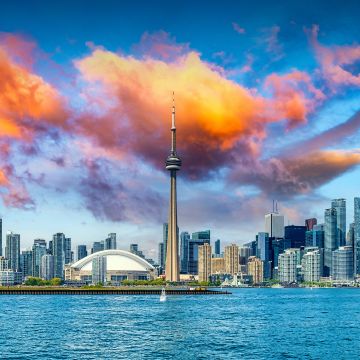 Toronto, Cityscape, Panorama, CN Tower, Canada, Toronto Skyline, Cloudy Sky, Rogers Centre, Lake Ontario