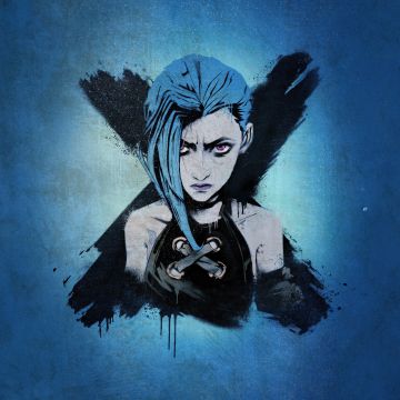 Jinx, Blue aesthetic, Graffiti, Artwork, Arcane: League of Legends, 5K, Blue background