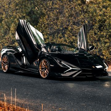 Lamborghini Sián Roadster, Black cars, Hybrid sports car, 5K, Tarmac