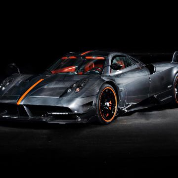 Pagani Huayra BC, Hypercar, Black background, Black cars, 5K, Carbon Fiber, Sports cars