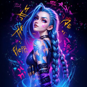 Jinx, Colorful art, Arcane: League of Legends, AI art, Dark background, Neon art, 5K