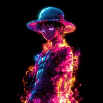 Monkey D. Luffy, Neon art, 5K, 8K, Black background, One Piece