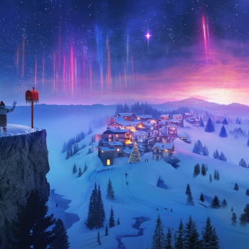 Snowy village, Winter, Aurora sky, Night sky, Christmas Eve, Magical, Cliff, Father - Son, Holidays, Northern Lights, 5K, Snow covered