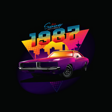 Dodge Charger, California, Summer, AMOLED, 5K, Purple, Black background, Vintage car, Synthwave