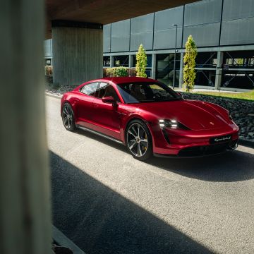 Porsche Taycan Turbo S, Red cars, Sports cars