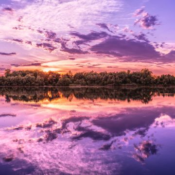 Sunset, Evening sky, Clouds, Beautiful, Reflections, Purple, Lake, 5K, 8K