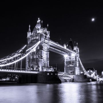 Tower Bridge, London, River Thames, Monochrome, Dark background, Lights, Cityscape, Night, Moon, England, Black and White