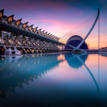 City of Arts and Sciences, Spain, Valencia, Sunrise, Pool, Reflection, Modern architecture, 5K