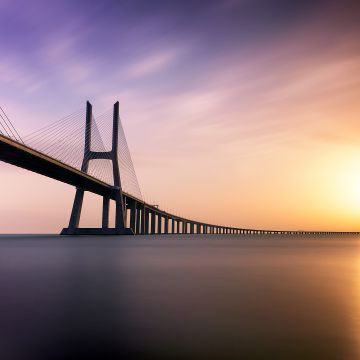 Vasco da Gama Bridge, Lisbon, Portugal, Tagus River, Sunrise, Water, Dawn, Modern architecture, 5K