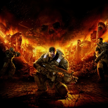 Gears of War, Game Art, Marcus Fenix, 5K, Dark background, Fire effect