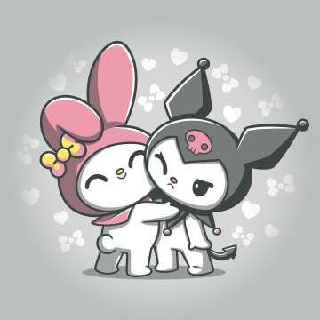 My Melody and Kuromi, Hug, Kawaii cartoon, Friends, Friendship, My Melody, Kuromi, 5K, 8K, Grey background, Sanrio