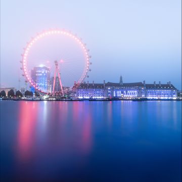 London Eye, Ferris wheel, River Thames, Cityscape, Dawn, Morning fog, Sky view, Water, Reflection, England