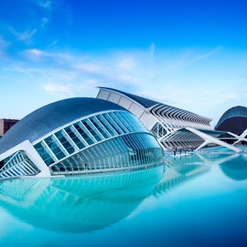 City of Arts and Sciences, Valencia, Spain, Pool, Blue hour, Sky view, Evening, Water, Reflection, 5K