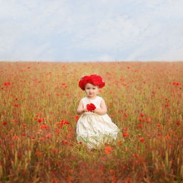 Cute Girl, Red flowers, Garden, White Dress, Cute eyes, 5K