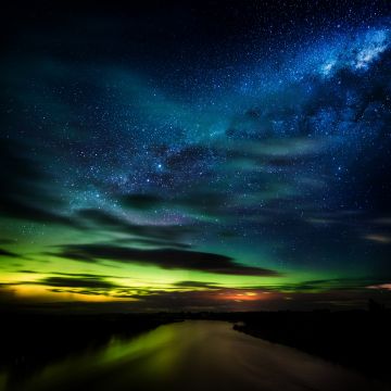 Aurora Borealis, Stars, Clouds, New Zealand, Dawn, Night, River, Green, Blue Sky, Dark background, 5K