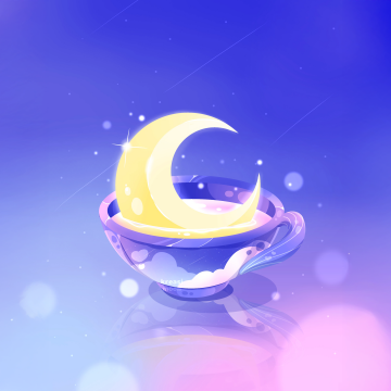 Dreamy, Crescent Moon, Aesthetic, Tea cups, Glowing, Celestial, Magical, Blue and Purple, Sparkling, 5K, Blue gradient, Gradient background