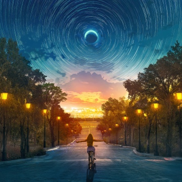 Moon, Star Trails, Dreamy, Surrealism, Dreamlike, Night sky, Cosmic phenomena, Glowing, Street lights, Bicycle, Freedom, Exploration, 5K, Sunset, Dusk, Dream girl