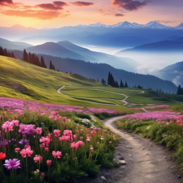 Mountain Landscape, Meadow, Wildflowers, AI art, Scenic, Pathway, Sunset, Rolling hills, Misty mountains, Vibrant, Peaceful, Valley, Outdoor, 5K