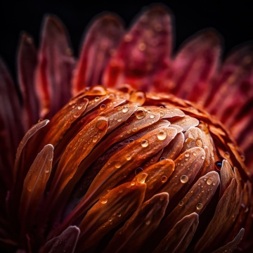 Protea flower, Macro, Orange aesthetic, Water droplets, Petals, Texture, Floral, Vibrant, Dew Drops, Artistic, Bloom, Focus, 5K, Closeup Photography