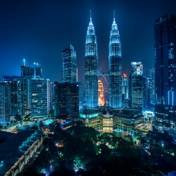 Petronas Towers, Kuala Lumpur, Malaysia, Cityscape, Night lights, Blue, Modern architecture, Skyscrapers, 5K, 8K