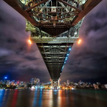 Sydney Harbour Bridge, Australia, Cityscape, River, Reflection, Night lights, Sky view, 5K