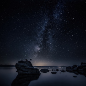 Bonsai Rock, Milky Way, Night, Lake Tahoe, Astrophotography, Night sky, Starry sky, Long exposure, Reflections, Galaxy, Dark Sky, Rock formations, Cosmos, Nightscape, 5K, Nevada