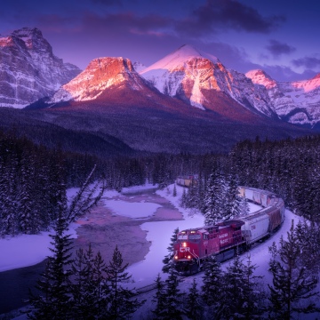 Morant's Curve, Alpenglow, Canadian Rockies, Winter Mountains, Winterscape, Winter forest, Snowy Mountains, Train, Sunset, 5K, Frozen, Pine trees, Scenic, Banff National Park, Majestic