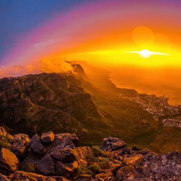 Table Mountain, Sunset, Cape Town, Golden hour, Scenic Spot, Cliff, Horizon, Dramatic, South Africa, 5K, Aerial Photography, Aerial view