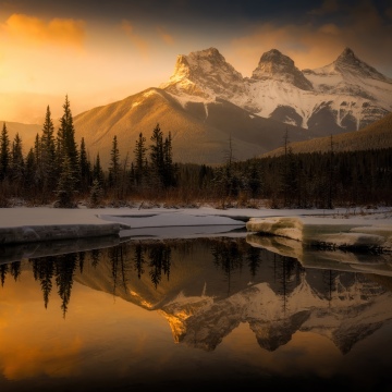 Three Sisters Mountains, Oregon, Snow covered, Wilderness, Golden hour, Sunset, Serene, Winter Mountains, Mountain Peaks, Dramatic, 5K