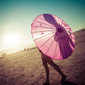 Pink Umbrella, Girl, Sunrise, Shadow, Clear sky, Blue