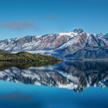 Snow mountains, Lake, Reflection, Water, Blue Sky, Landscape, Clouds