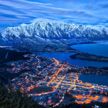 Queenstown, New Zealand, Lake Wakatipu, Snow mountains, Cityscape, Night lights, Blue Sky, Clouds, 5K