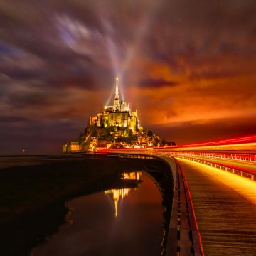 Mont Saint-Michel, France, Cathedral, Monastery, Church, Night time, Light Streaks, Island, Orange, Red, 5K