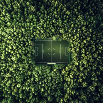 Soccer field, Aerial view, Green aesthetic, Green Forest, Stadium, Wilderness, Minimalist, Symmetry, Drone photo, 5K