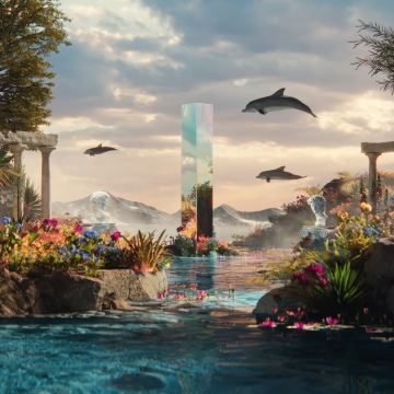 Surreal, Paradise, Dolphins, Mystical, Monolith, Ancient, Dreamlike, Scenic, Ethereal, Magical, Floral, 5K, Reflections