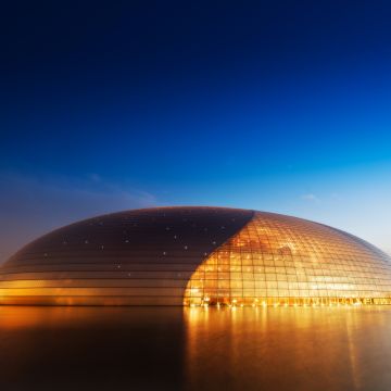National Centre for the Performing Arts, China, Modern architecture, Blue Sky, Clear sky, Evening, Lights, Orange, 5K