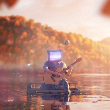 Guitarist, Dreamlike, Nostalgic, Autumn Scenery, Autumn background, Autumn season, Cinematic, Aesthetic, Retro style, Playing guitar