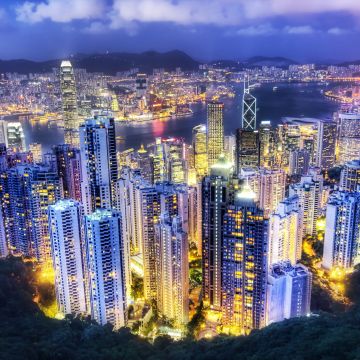 Hong Kong City, Metropolis, Aerial view, Night lights, Cityscape, Sunset, Skyscrapers, Vibrant, Clouds, River