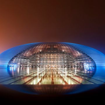 National Centre for the Performing Arts, China, Blue light, Glass, Modern architecture, Dome, Reflection, Clear sky, Night lights, 5K