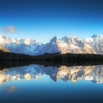 Mont Blanc massif, Alps mountains, 5K, Reflections, Snow mountains, Snow covered, Blue Sky, Wilderness, Serene, Scenic, Blue aesthetic