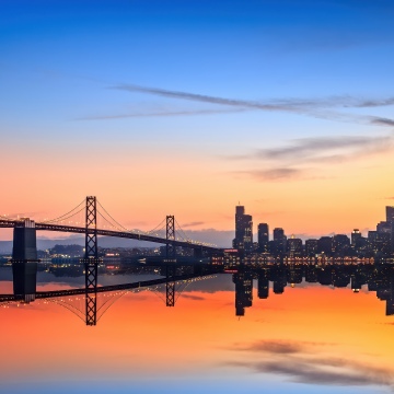 San Francisco-Oakland Bay Bridge, 5K, Sunset, Bay Bridge, Cityscape, Reflections, Golden hour, Urban, Skyline, Metropolis, Urban