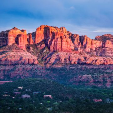 Sedona Red Rocks, Valley, Mountain range, Sunset, Sky view, Blue, Green Trees, Landscape, 5K, 8K