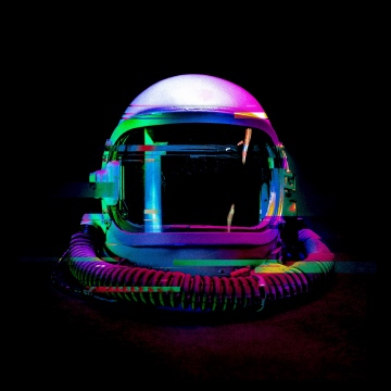 Astronaut helmet, Glitch art, Cyberpunk, Distortion, Futuristic, Holographic, Dark aesthetic, Dark background, 5K, 8K