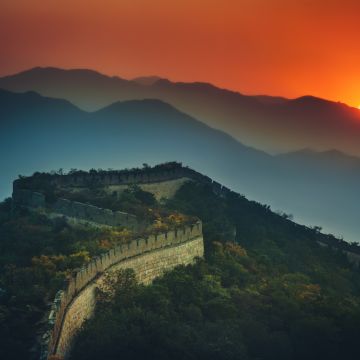 Great Wall of China, Sunset, Orange sky, Mountains, Beijing, Green Trees, Aerial view, 5K