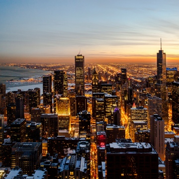 Chicago, Downtown, Sunset, Skyline, Cityscape, Dusk, Skyscrapers, City night, Metropolitan, Aerial Photography, Urban, 5K