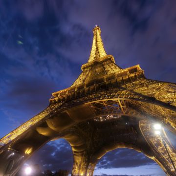 Eiffel Tower, Night lights, Paris, Lights, Sky view, Clouds, Iconic, Metal structure, 5K, France