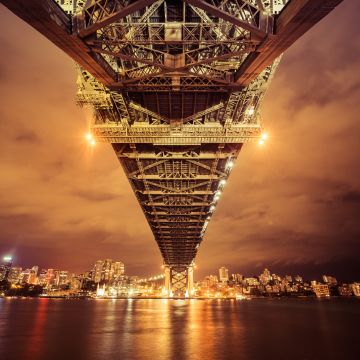 Sydney Harbour Bridge, Illuminated, Australia, Cityscape, River, Reflection, Nightscape, Sky view, Orange, Bright, City lights, 5K, 8K