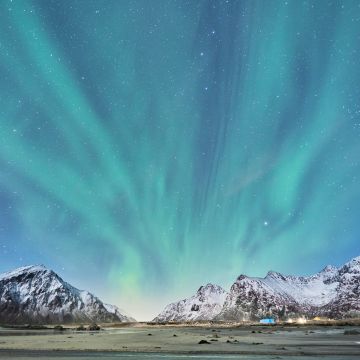 Aurora Borealis, Snow mountains, Glacier, Landscape, Blue Sky, Lofoten islands, Norway, Stars, 5K